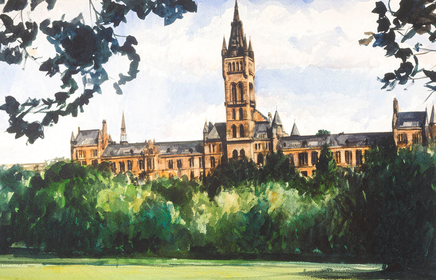 Glasgow University Bell Tower - Watercolour landscape painting print by Gerard M Burns