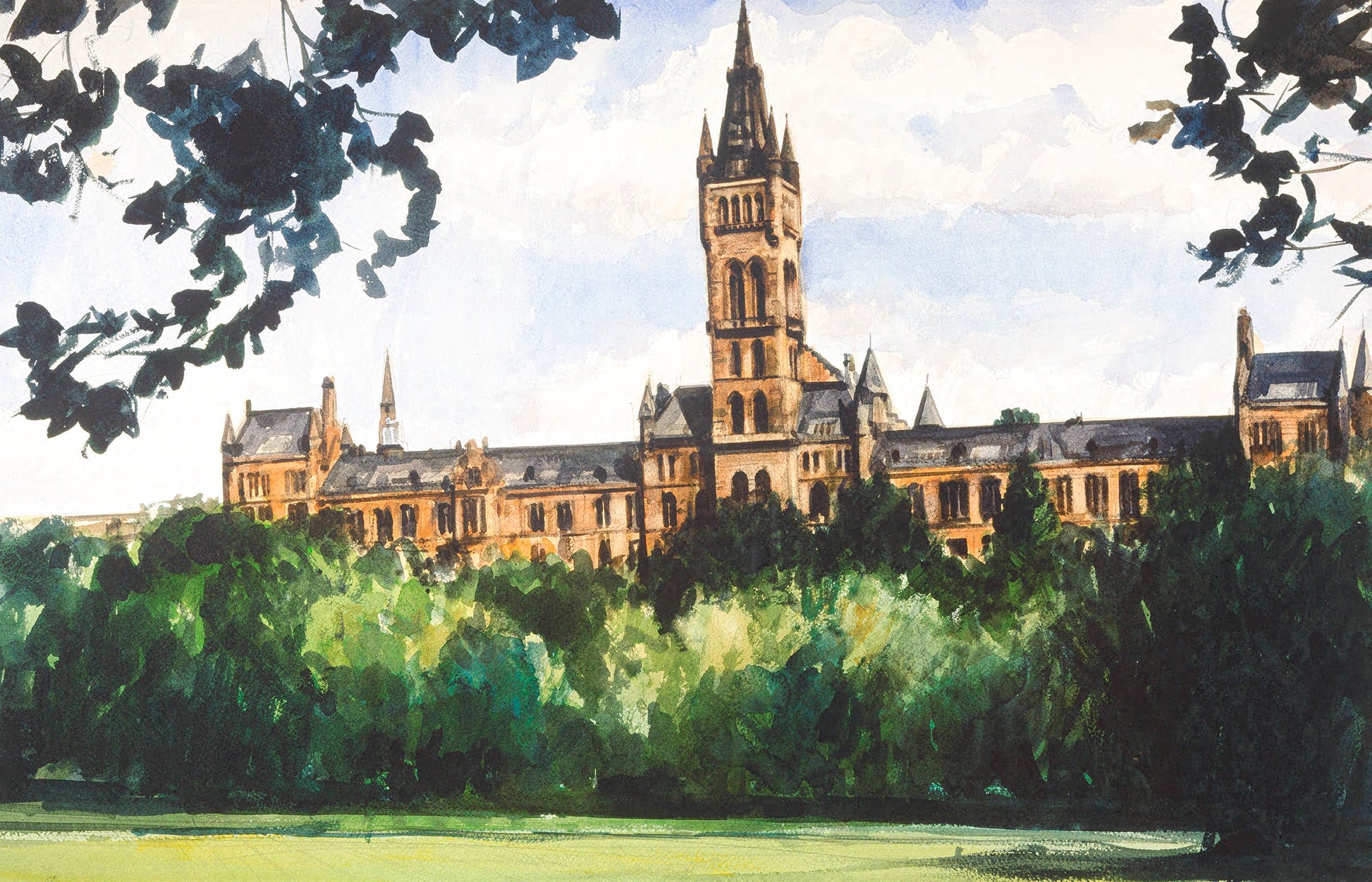 Glasgow University Bell Tower - Watercolour landscape painting print by Gerard M Burns