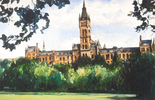 Glasgow University Bell Tower - Watercolour landscape painting print by Gerard M Burns
